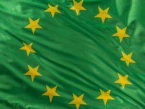 Green flag European Union with yellow stars.